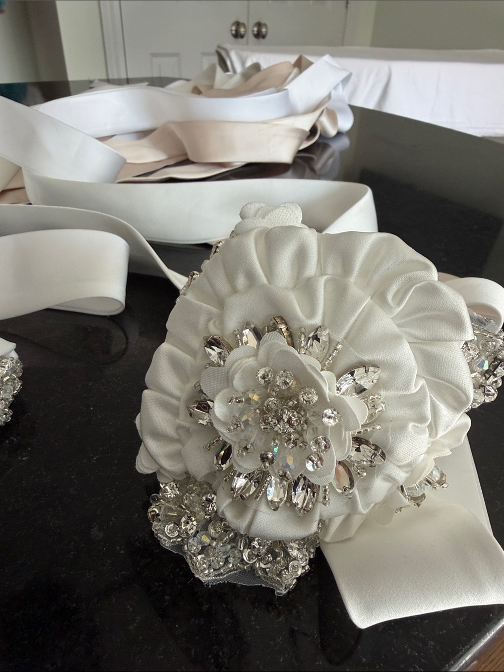 White Satin Floral Crystal Belt - Women's Accessory